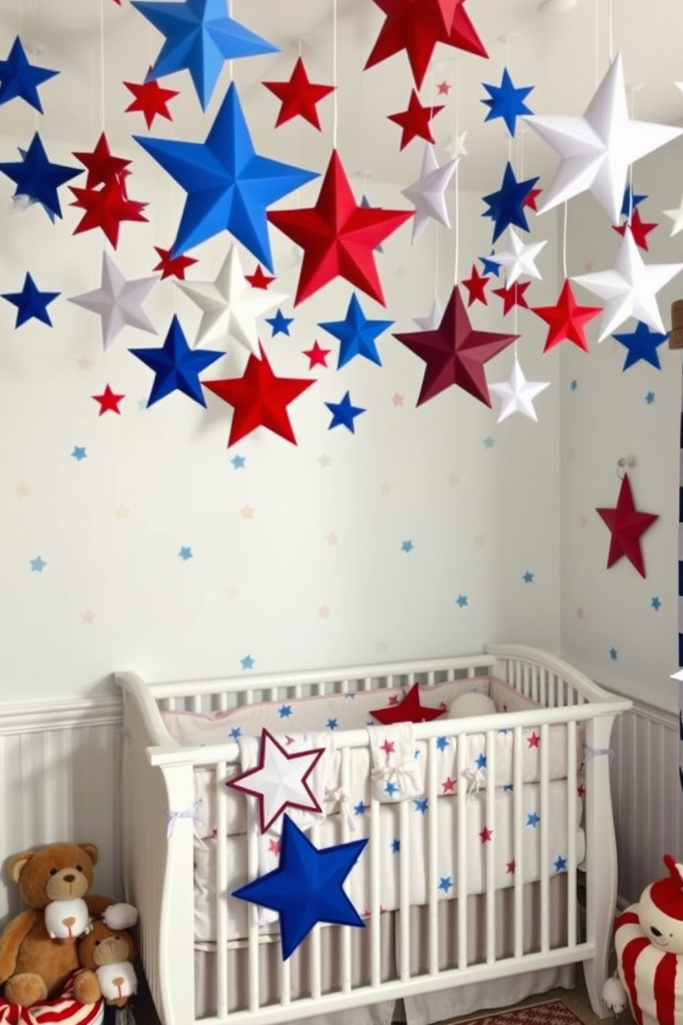 A whimsical nursery setting celebrating Independence Day. Star cutouts in red white and blue hang gracefully from the ceiling creating a festive atmosphere. The walls are painted in a soft pastel shade with playful patterns. A cozy crib adorned with a star-themed bedding set sits against one wall surrounded by plush toys.