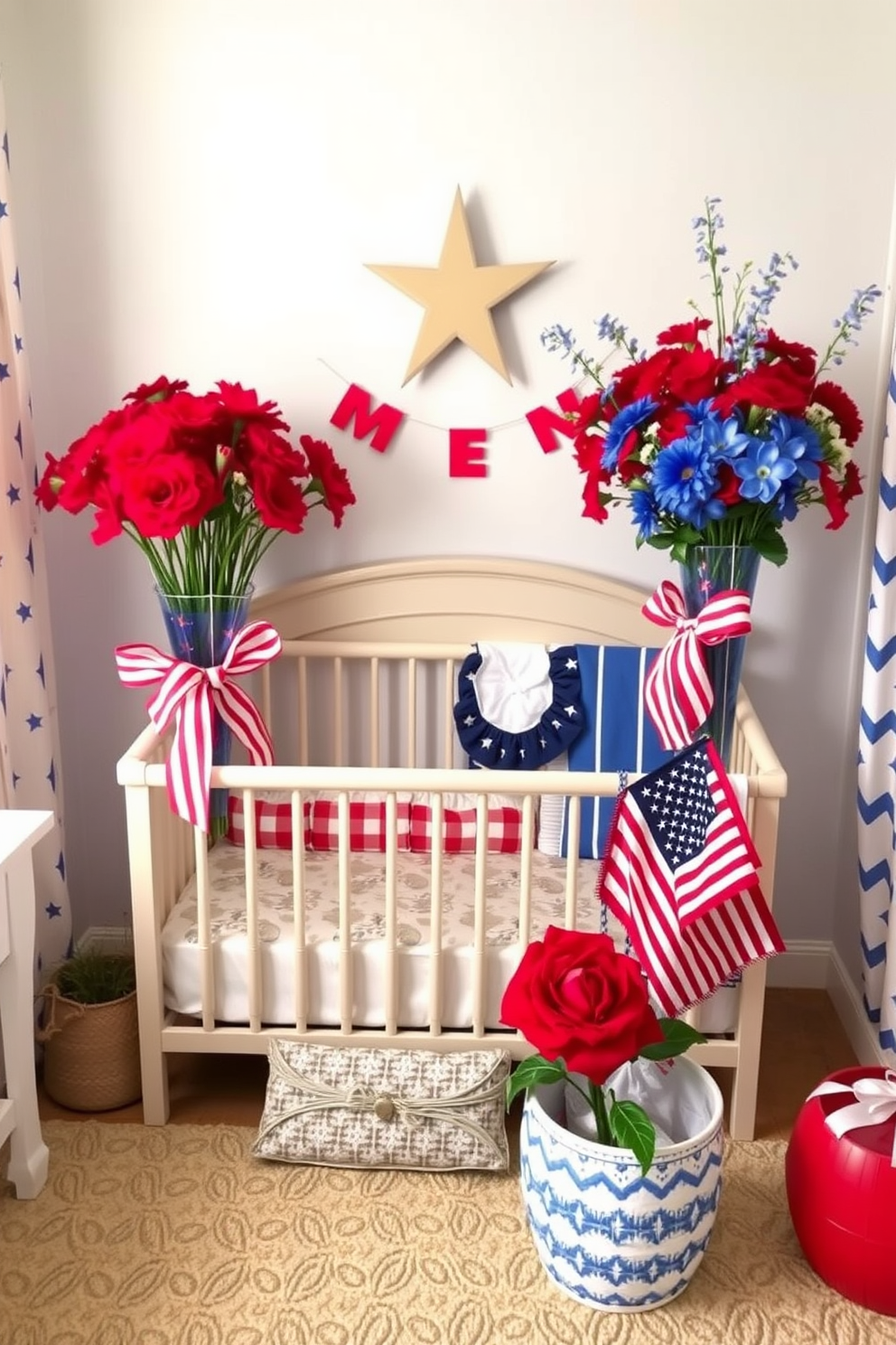 A charming nursery decorated for Independence Day features vibrant red, white, and blue flower arrangements. The room is filled with soft textures and playful patterns that create a festive and welcoming atmosphere.