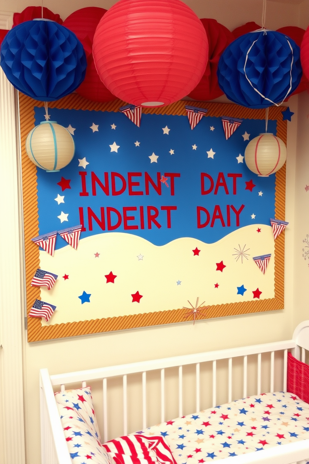 A vibrant Independence Day themed bulletin board features a backdrop of red white and blue with stars and stripes. Colorful paper lanterns and handmade decorations of flags are pinned around the edges creating a festive atmosphere. For the Independence Day nursery decorating ideas the room is adorned with soft pastel shades of red and blue. Adorable star and stripe patterned bedding and wall decals of fireworks add a playful touch to the nursery.