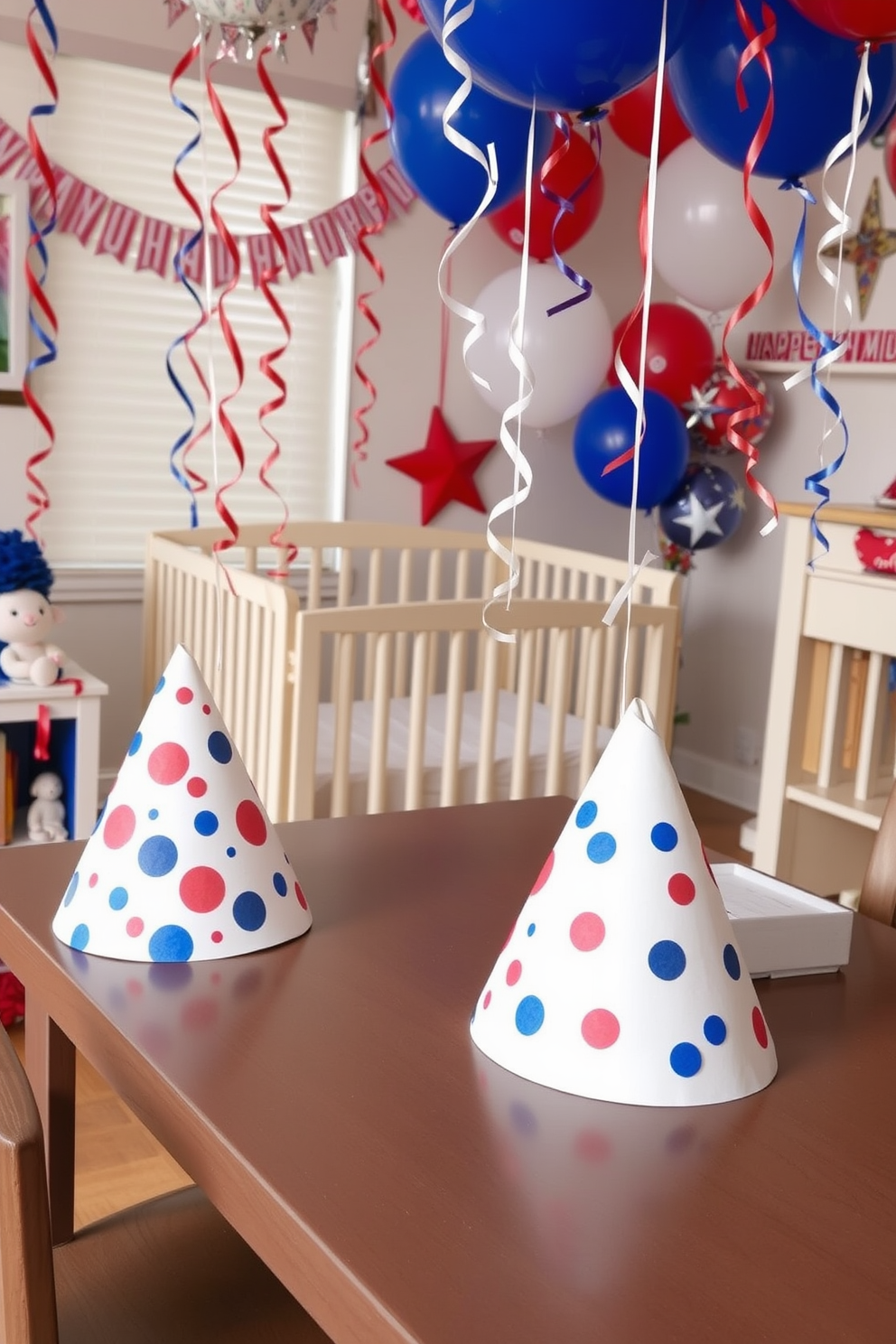 Crafted paper hats for children adorned with red white and blue patterns. The nursery features a festive atmosphere with colorful balloons and streamers celebrating Independence Day.