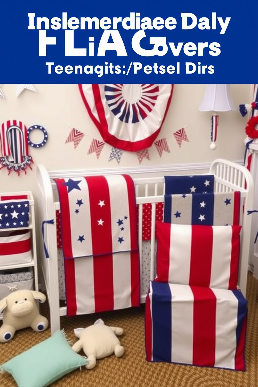 A cheerful nursery adorned with red, white, and blue themed wall stickers celebrating Independence Day. The walls feature playful stars and stripes designs, creating a festive atmosphere perfect for a child's room.