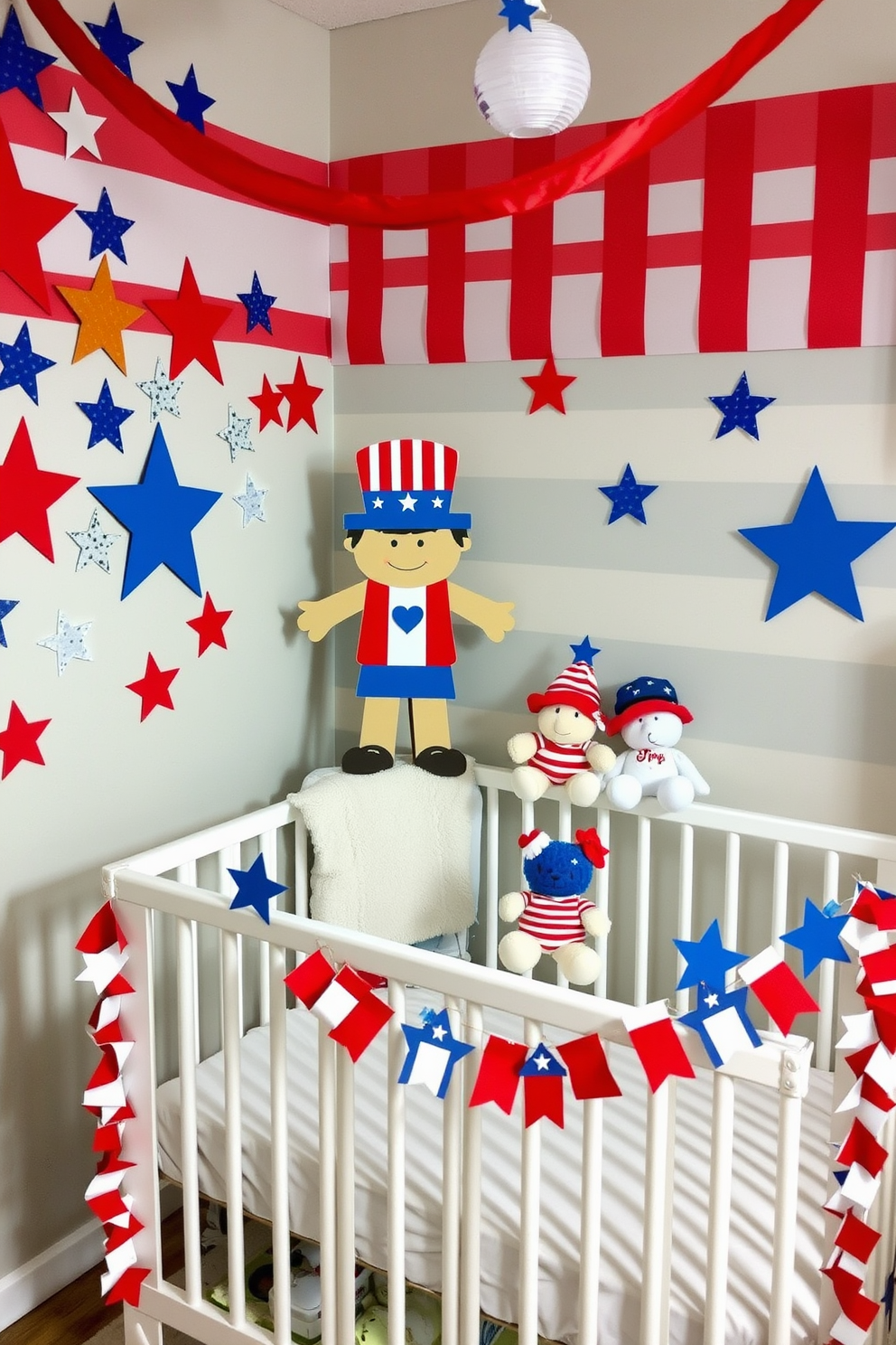 A whimsical nursery decorated for Independence Day features creative cardboard decor elements. Colorful cardboard stars and stripes adorn the walls, while a cardboard cutout of a patriotic character stands proudly in the corner. The crib is surrounded by handmade cardboard garlands in red, white, and blue. Plush toys dressed in festive attire sit atop a cardboard shelf, adding a charming touch to the space.