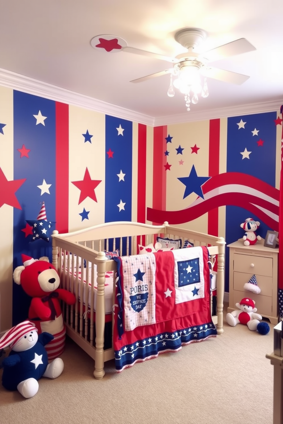 A cheerful nursery featuring patriotic themed murals on the walls, depicting stars and stripes in vibrant colors. The room is adorned with red, white, and blue accents, including bedding and plush toys that celebrate Independence Day.