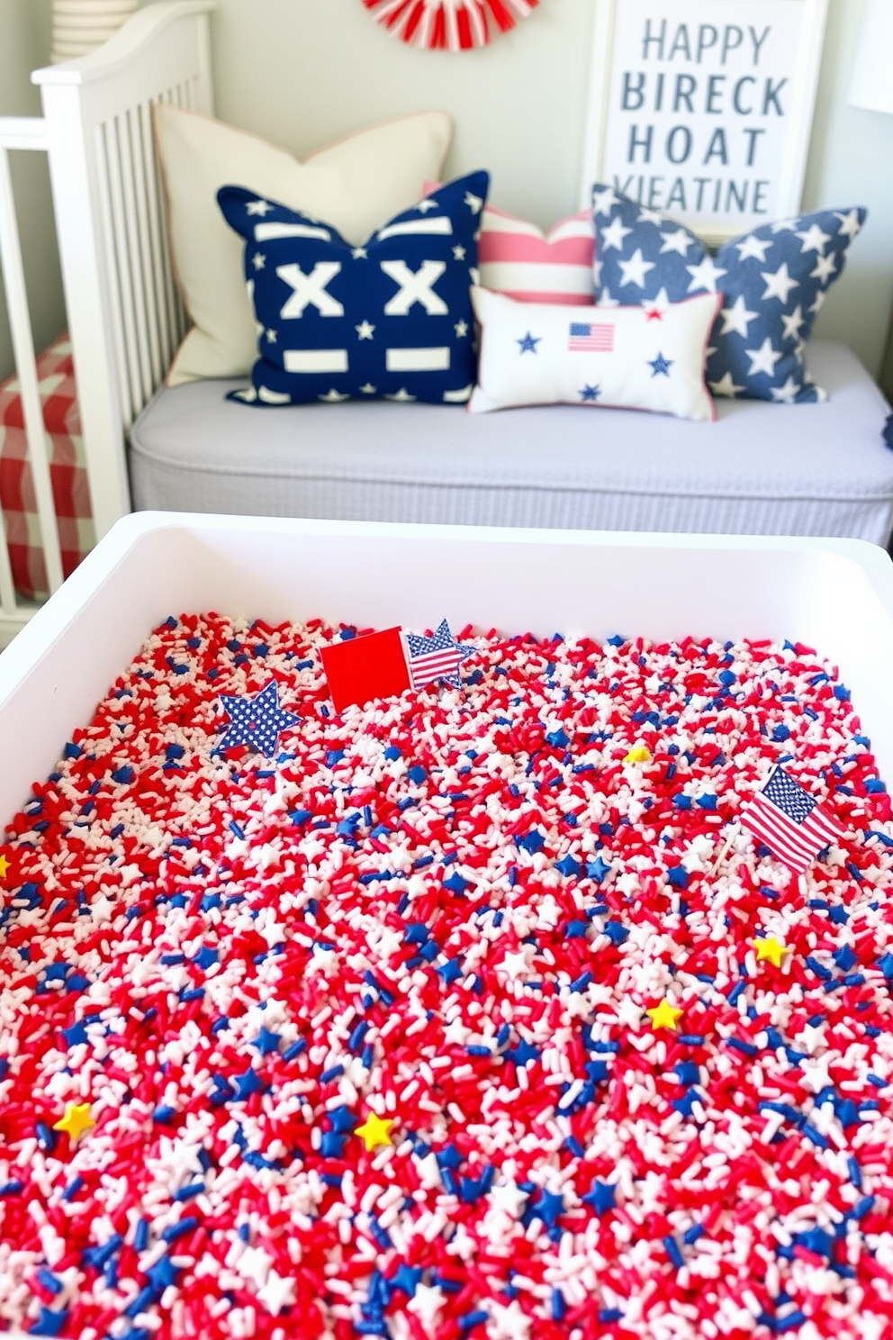 Independence Day themed sensory bins filled with red white and blue rice and small flags scattered throughout. Colorful stars and mini fireworks are included for added texture and sensory exploration. Independence Day nursery decorating ideas featuring soft pastel colors with patriotic accents. A cozy reading nook adorned with themed cushions and wall art celebrating freedom and unity.