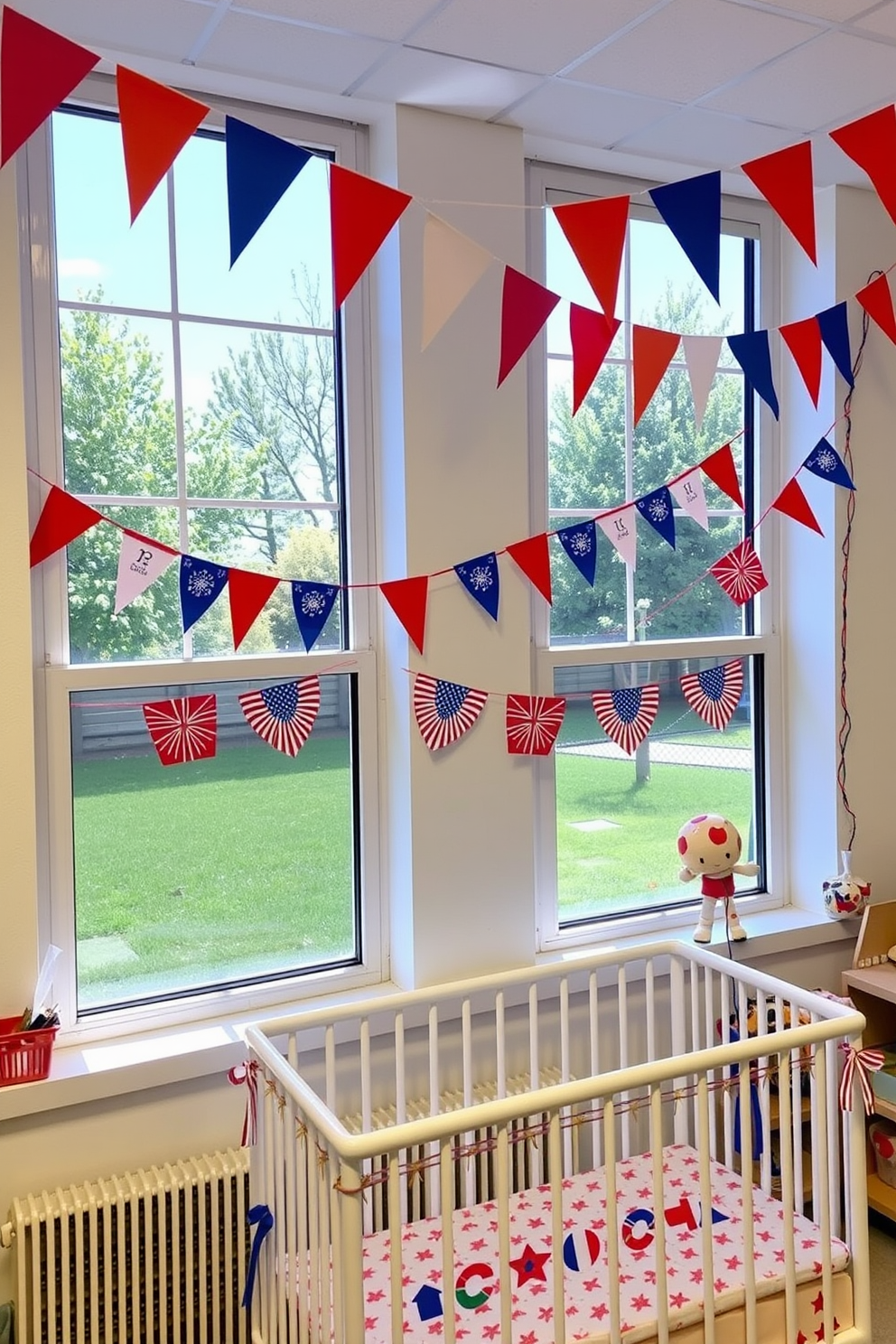 Colorful flags hang from the classroom windows, creating a festive atmosphere for Independence Day celebrations. The nursery is adorned with playful decorations that incorporate red, white, and blue elements, making it a vibrant and engaging space for children.