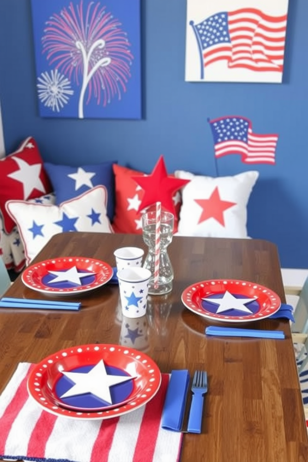 Star spangled table settings for snacks featuring a red white and blue color scheme. The table is adorned with themed tableware including plates cups and napkins showcasing stars and stripes. Independence Day nursery decorating ideas that incorporate patriotic colors and playful designs. Soft furnishings like cushions and blankets display stars while wall art features cheerful depictions of fireworks and flags.