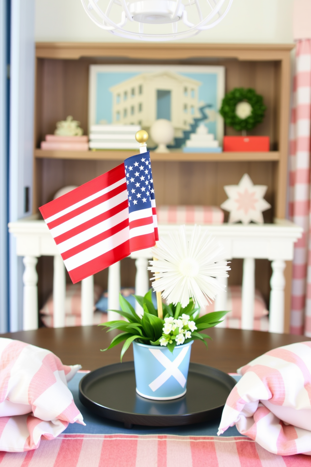 Create a charming nursery adorned with patriotic wall art that features inspiring quotes related to Independence Day. The walls are painted in soft pastel colors, and the art pieces are framed in rustic wood to add warmth and character to the space.