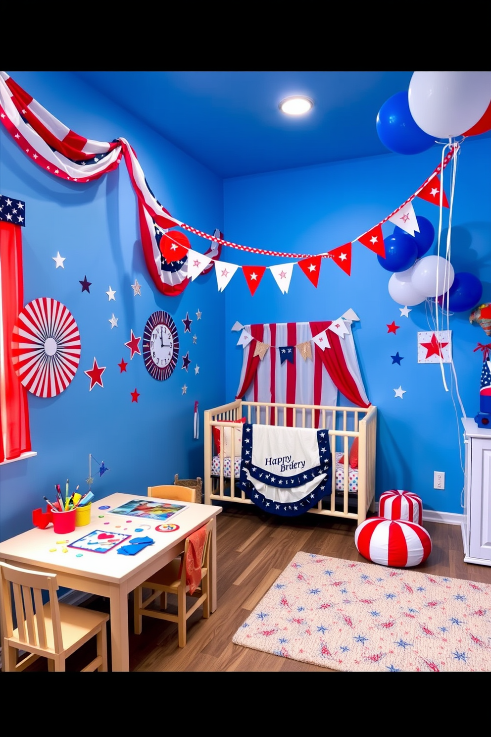 A vibrant nursery space designed for celebrating Independence Day. The walls are adorned with red white and blue decorations featuring stars and stripes while a cozy play area includes a soft rug with a patriotic pattern. In one corner a small stage is set up for music and dance activities with colorful banners and balloons creating a festive atmosphere. The furniture is child-sized and includes a table with art supplies for crafting patriotic-themed decorations.