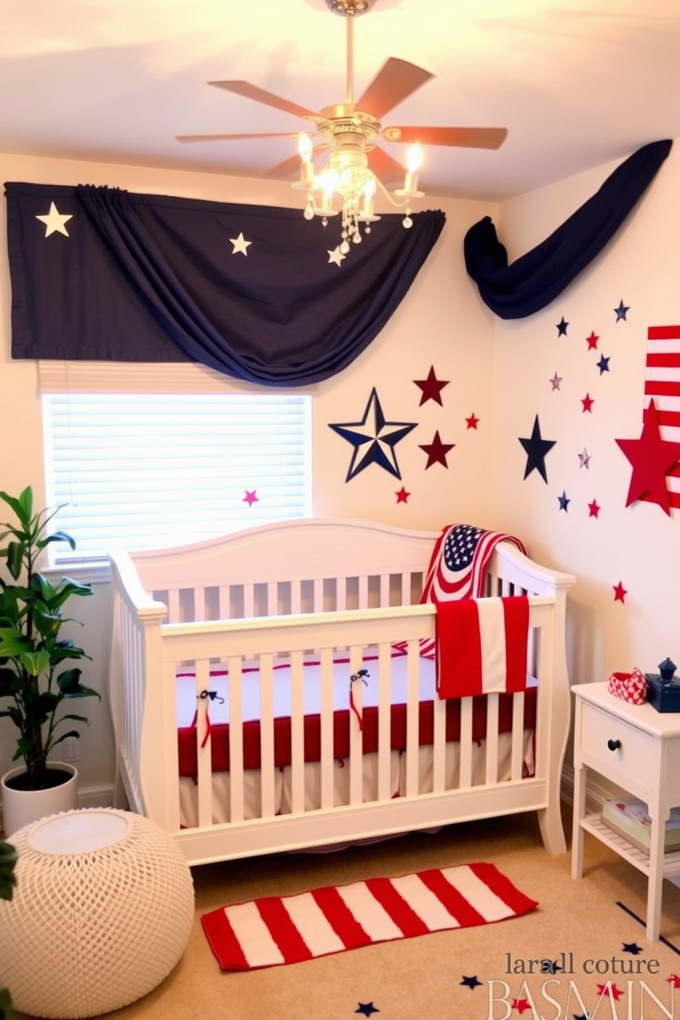 A charming nursery decorated for Independence Day features red gingham curtains that add a cozy touch to the room. The walls are adorned with playful patriotic-themed art and soft pastel colors, creating a warm and inviting atmosphere for a child's space.