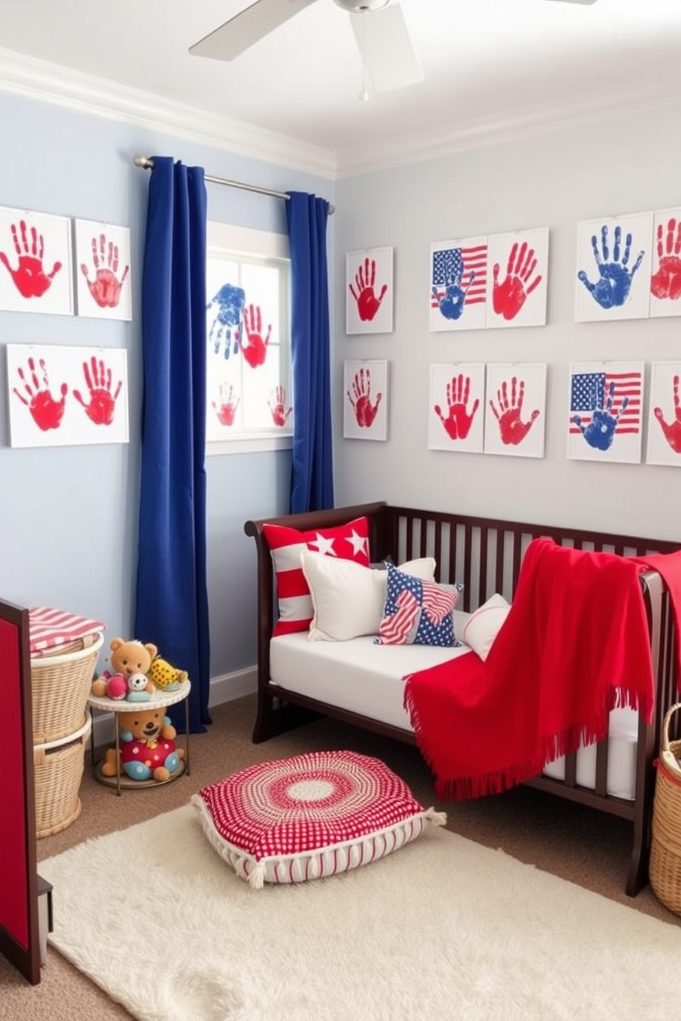 A vibrant nursery filled with creative DIY handprint flag art for kids celebrating Independence Day. The walls are adorned with colorful handprint flags, showcasing red, white, and blue, while a cozy reading nook features patriotic-themed cushions and a soft rug.