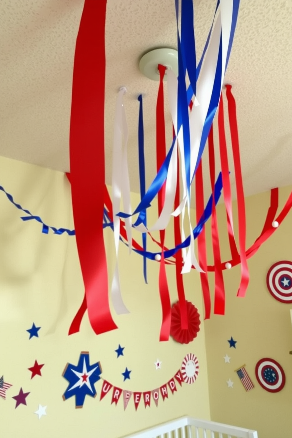 Tricolor streamers hang gracefully from the ceiling, creating a festive atmosphere for an Independence Day nursery. The walls are adorned with playful red, white, and blue decorations, including stars and stripes that celebrate the holiday spirit.