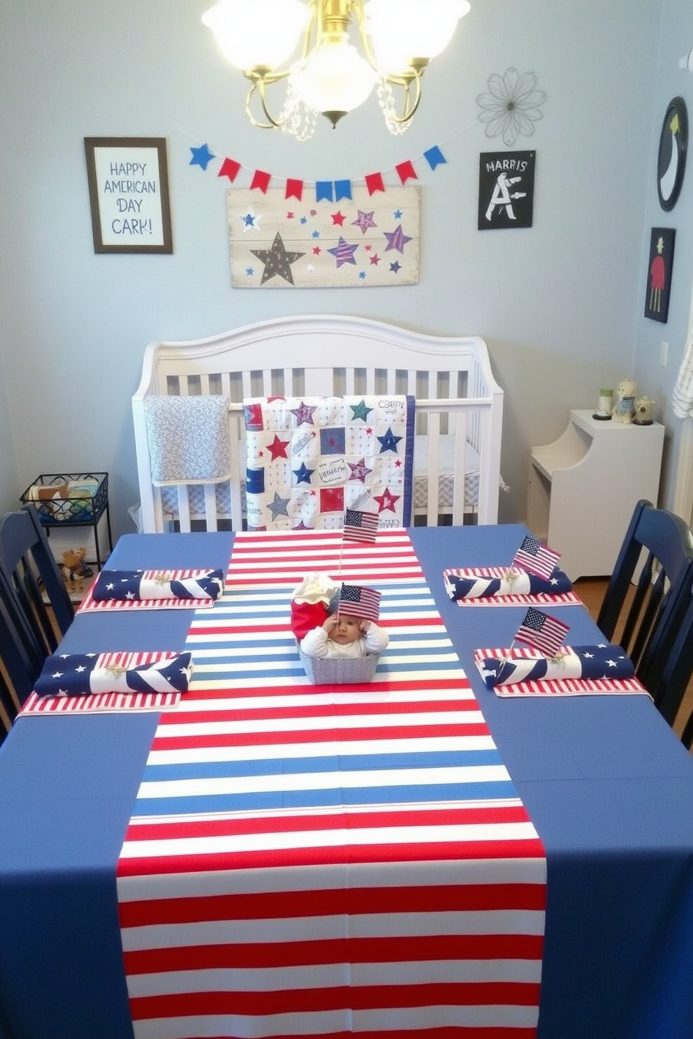 A charming nursery decorated for Independence Day. A mobile hangs above the crib featuring red white and blue stars and stripes, creating a festive atmosphere. The walls are painted in soft white with accents of navy blue. Plush toys and blankets in patriotic colors are arranged in the crib and around the room.