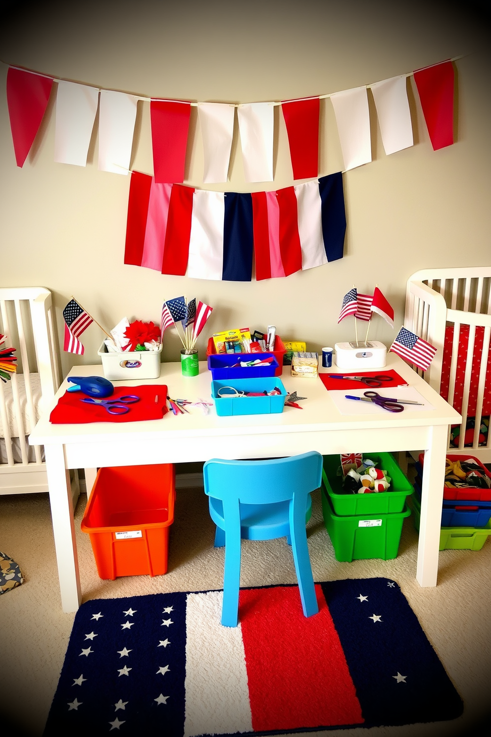 A vibrant craft station designed for flag making activities is set up in a cozy nursery. The table is covered with red white and blue materials including fabric paint scissors and paper flags ready for decoration. Colorful storage bins are arranged neatly to hold various crafting supplies. Brightly colored bunting hangs overhead adding a festive touch to the space while a small patriotic-themed rug lies beneath the table.