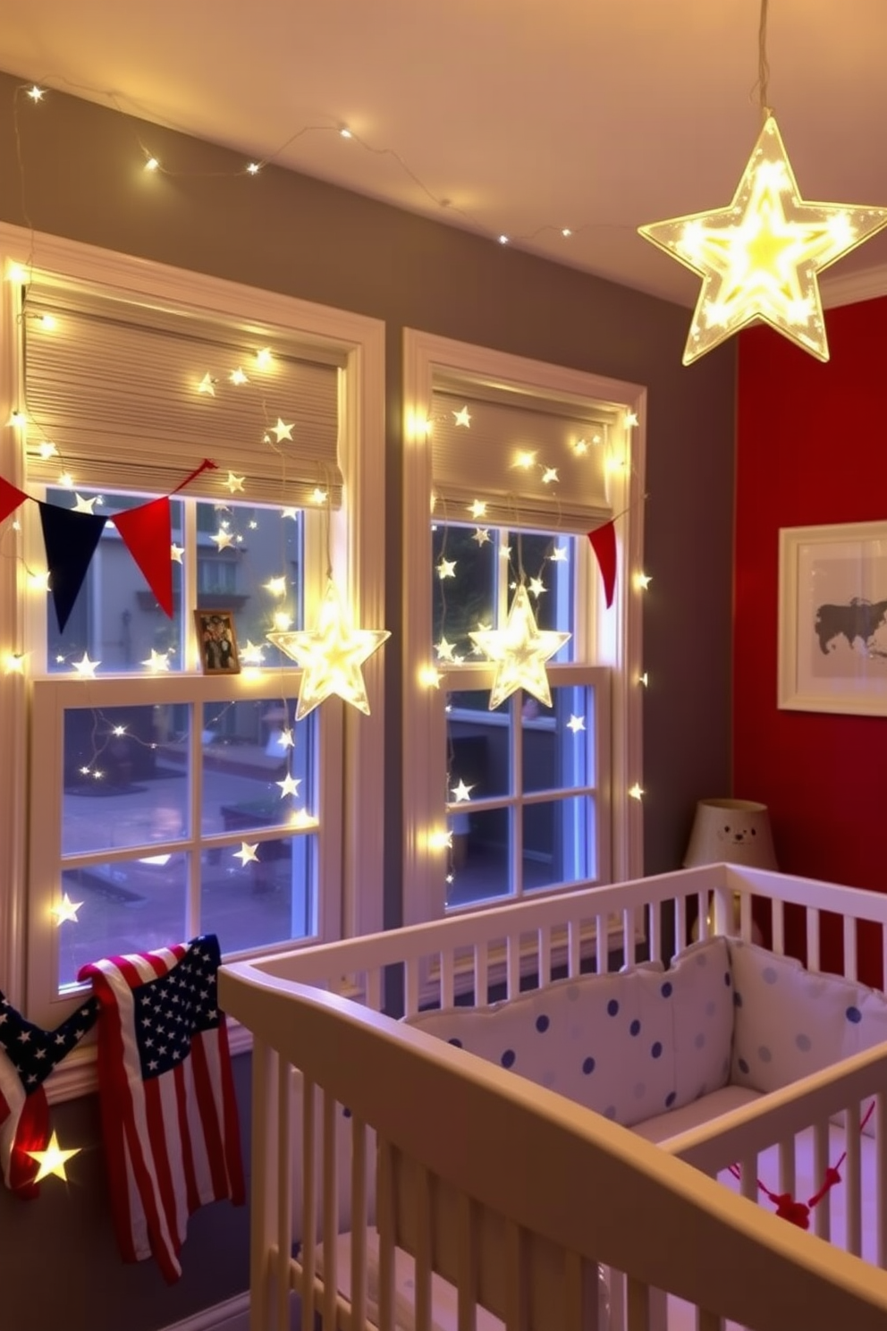 Star shaped fairy lights twinkle softly around the windows, casting a warm and inviting glow in the nursery. The walls are adorned with red, white, and blue accents, celebrating the spirit of Independence Day while creating a cheerful atmosphere for the little one.