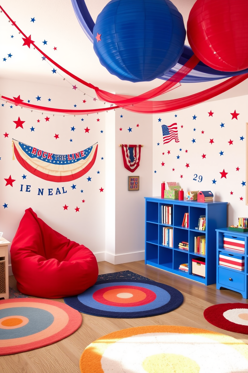 A vibrant playroom filled with excitement and creativity. The walls are painted in a cheerful red, accented with white trim and blue decorative elements. Colorful cushions in red and blue are scattered across a soft white rug, providing a cozy space for play. A festive banner featuring stars and stripes hangs across the room, celebrating the spirit of Independence Day.