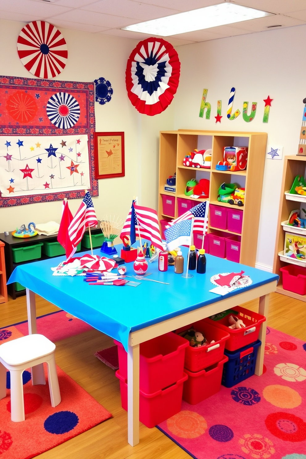 A vibrant craft station designed for making flags to celebrate Independence Day. The table is covered with red, white, and blue supplies, including fabric, paint, and glitter, with patriotic decorations hanging from the walls. A playful playroom filled with creative decorating ideas for children. The space features colorful rugs, wall art depicting fun characters, and a variety of toys organized in bright bins for easy access.