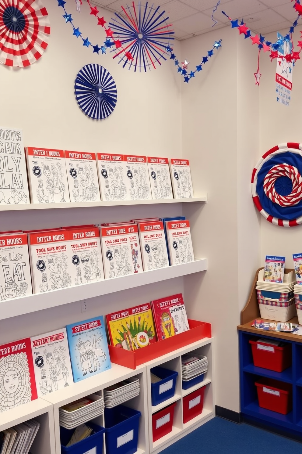 A vibrant playroom filled with shelves showcasing patriotic coloring books in red white and blue. The walls are adorned with festive decorations celebrating Independence Day creating a cheerful and inspiring atmosphere for children.