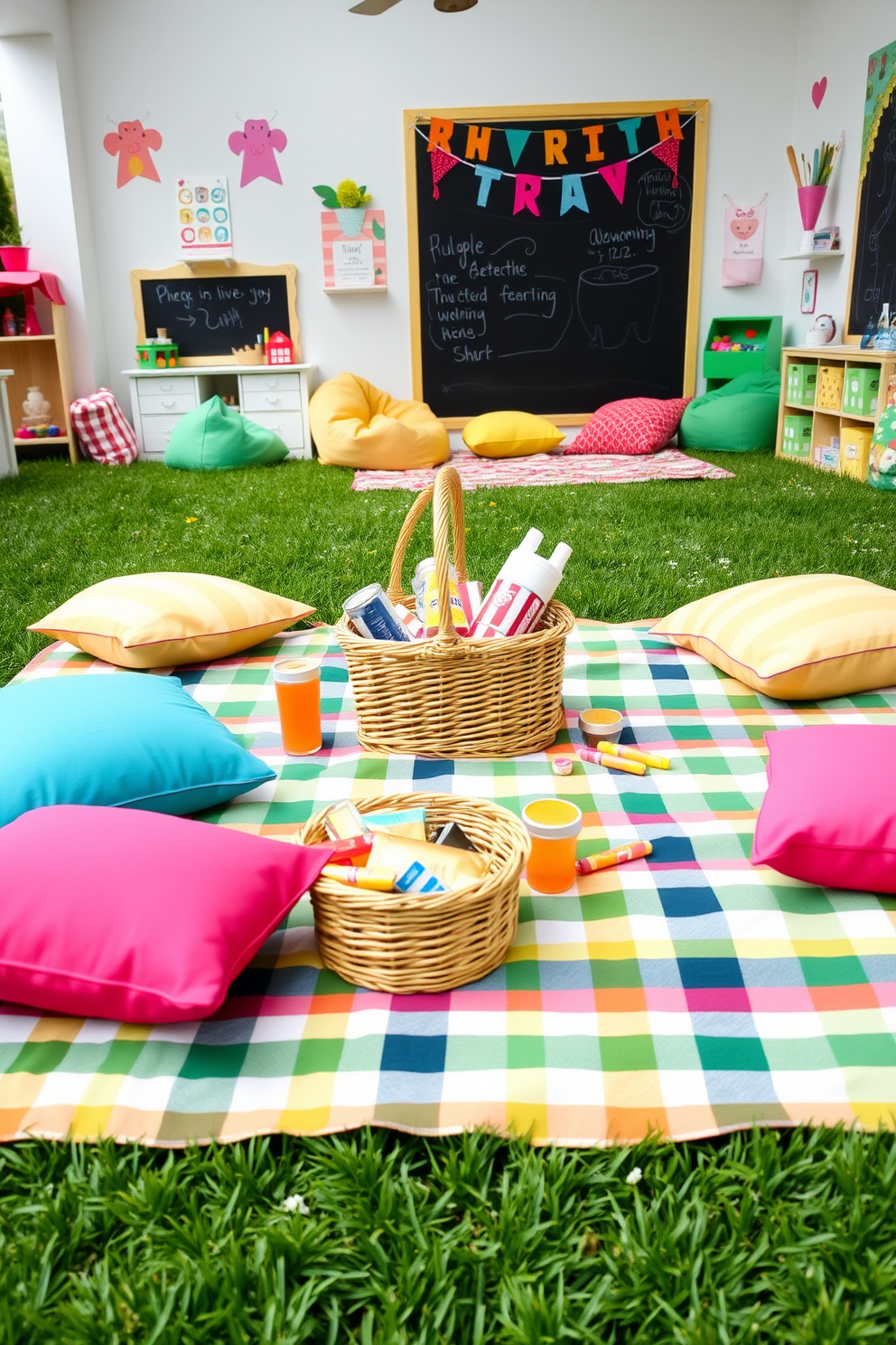 A vibrant outdoor picnic setup is arranged on a checkered blanket spread across the lush green grass. Colorful cushions and a wicker basket filled with snacks and drinks create a festive atmosphere for playtime. The playroom is designed with a playful theme featuring bright colors and whimsical decor. Cozy seating areas with bean bags and a chalkboard wall encourage creativity and fun for children.