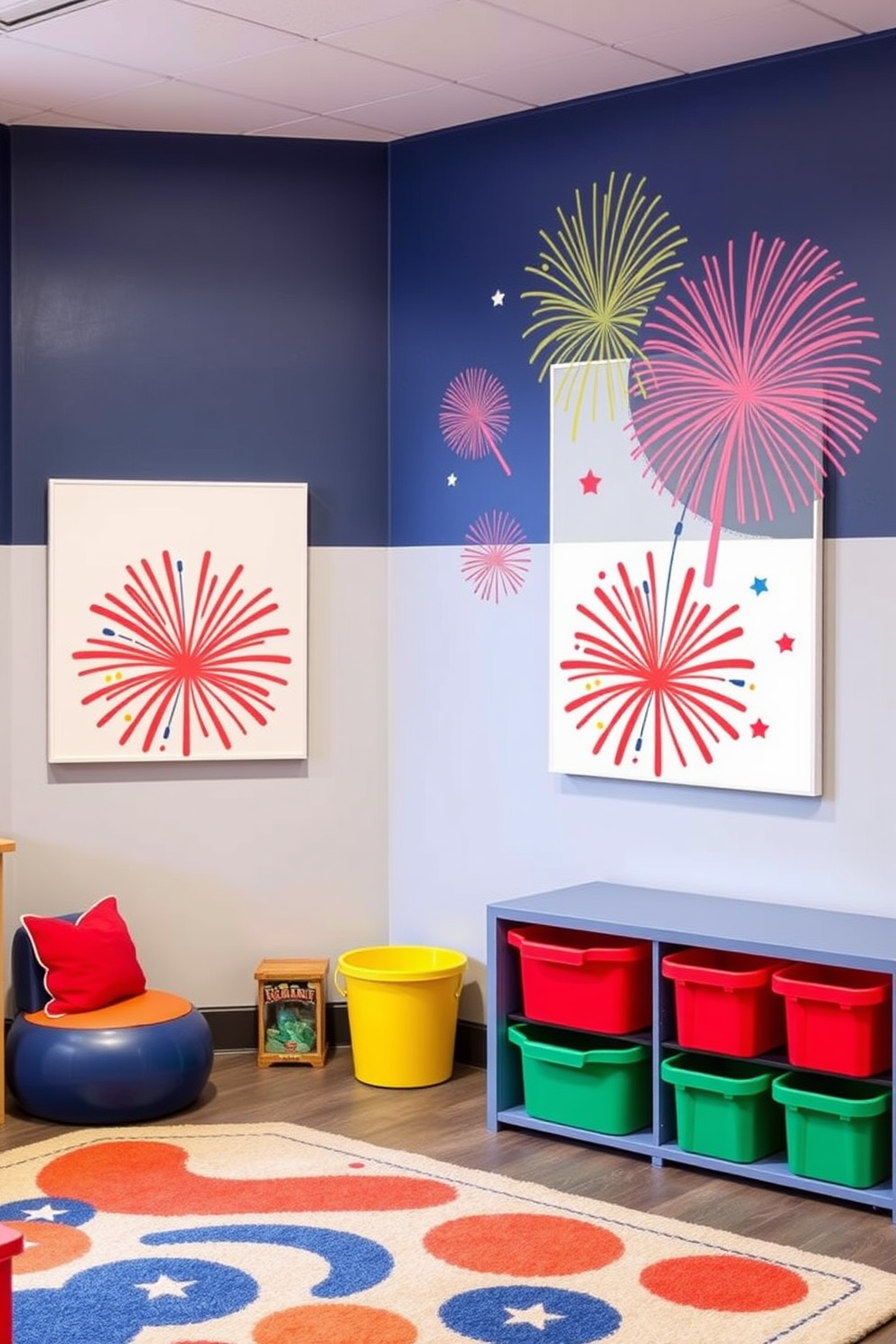 A vibrant wall mural depicting colorful fireworks bursts across the wall, creating an atmosphere of excitement and celebration for Independence Day. The playroom features playful furniture in bright colors, with a cozy reading nook adorned with cushions and a small table for arts and crafts.