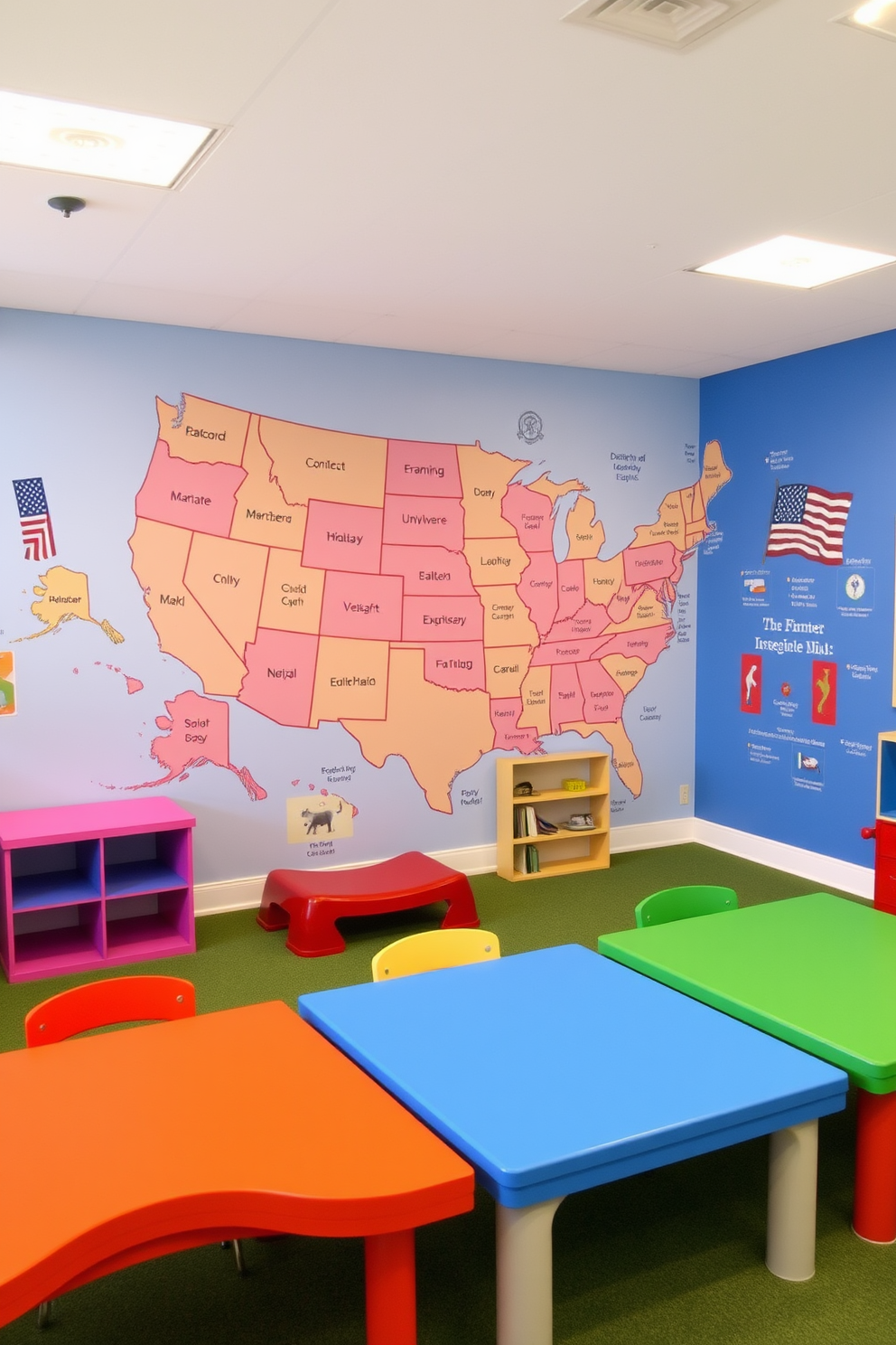 A vibrant playroom setting designed for Independence Day features a red blue and white play tent set up in the center. Surrounding the tent are colorful cushions and playful decorations that celebrate the festive theme. The walls are adorned with stars and stripes, creating a patriotic atmosphere. A small table nearby is decorated with themed snacks and activities for children to enjoy.