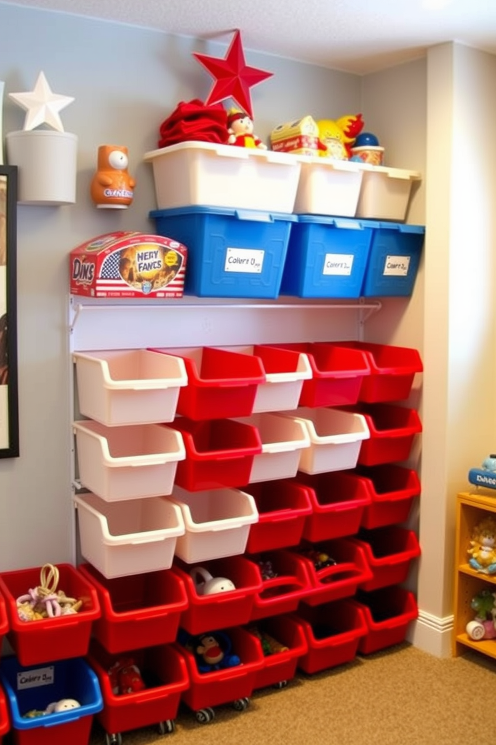 A vibrant playroom filled with red white and blue toy storage bins that celebrate Independence Day. The bins are neatly arranged along the wall, providing an organized and playful atmosphere for children.