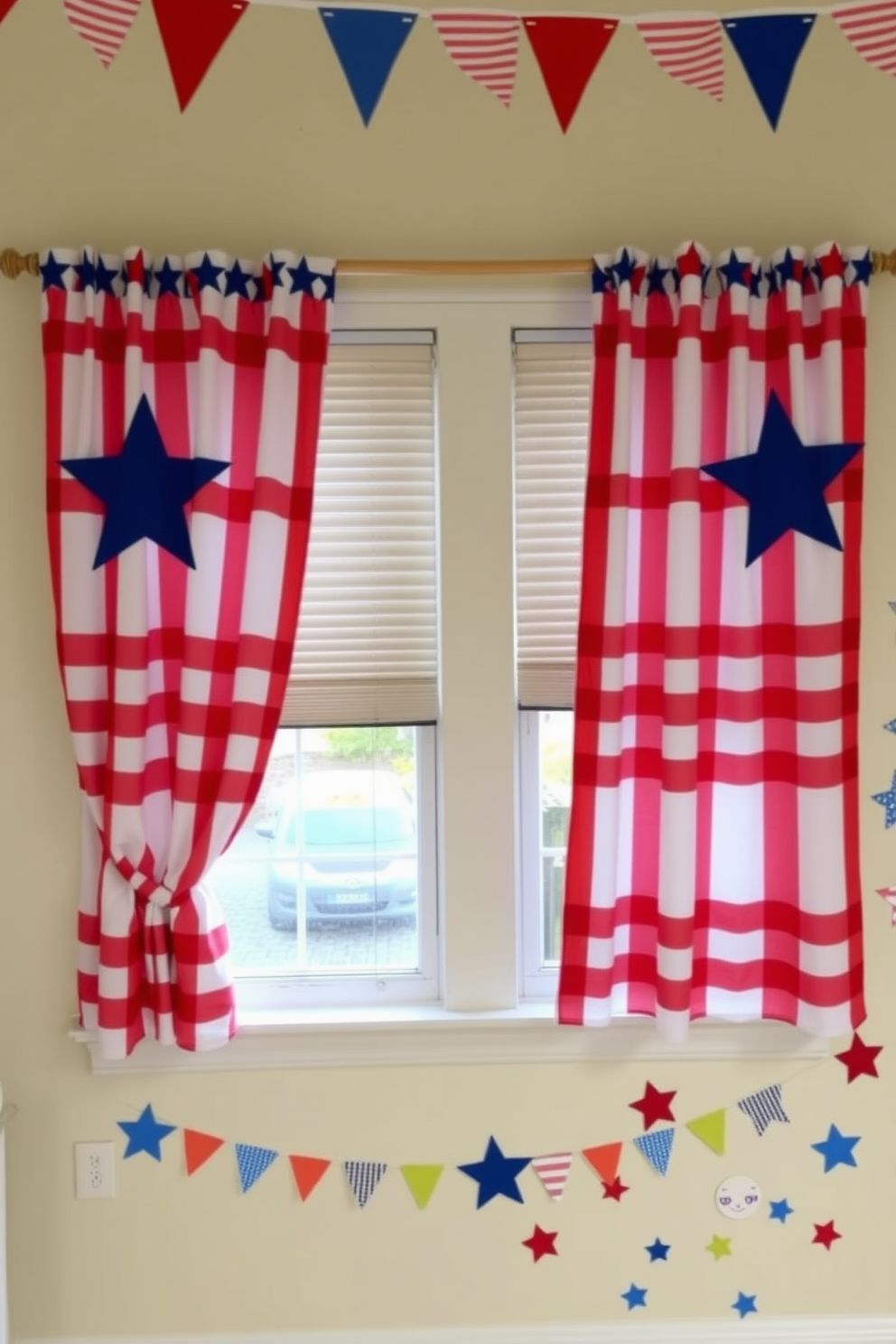 A vibrant playroom filled with excitement for Independence Day. The ceiling is adorned with star spangled decorations in red white and blue colors creating a festive atmosphere. Colorful streamers cascade from the ceiling adding a playful touch to the room. Plush seating areas are arranged for comfort inviting children to enjoy the festive decor.