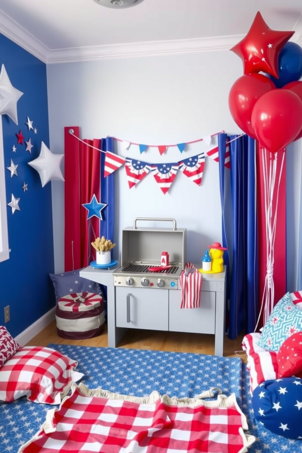 Colorful cushions in red white and blue are scattered across a cozy playroom floor creating a festive atmosphere. The walls are adorned with playful artwork featuring stars and stripes to enhance the Independence Day theme.