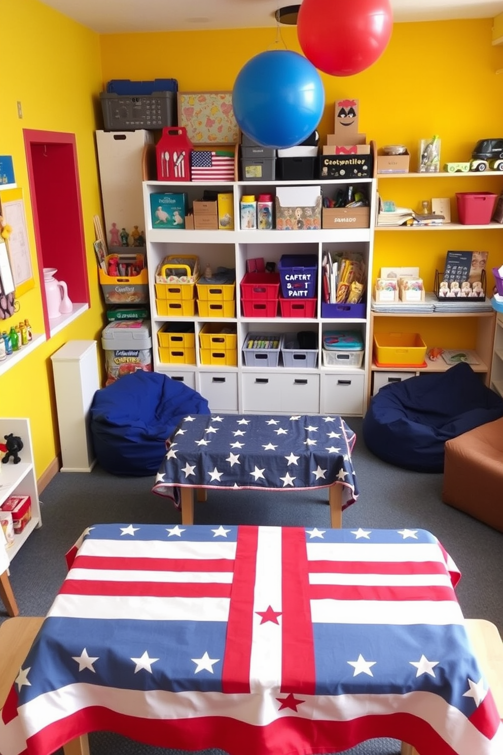 A vibrant playroom filled with creativity and joy. The table is covered with a stars and stripes tablecloth, perfect for crafting activities during Independence Day celebrations. Brightly colored walls enhance the playful atmosphere, while shelves are lined with art supplies and toys. A cozy seating area with bean bags invites children to relax and enjoy their creative projects.