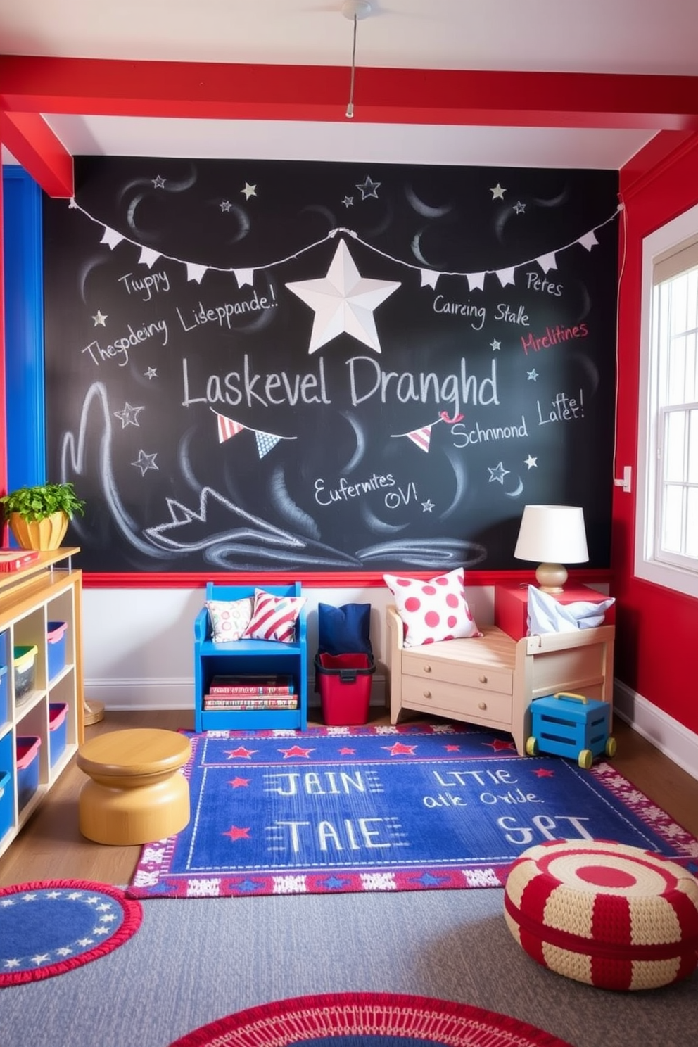 A vibrant playroom featuring a patriotic themed puppet theater setup. The theater is adorned with red white and blue curtains and stars, creating a festive atmosphere for Independence Day celebrations. The walls are decorated with playful murals of fireworks and flags. Colorful cushions and bean bags in coordinating colors provide comfortable seating for children to enjoy the performances.