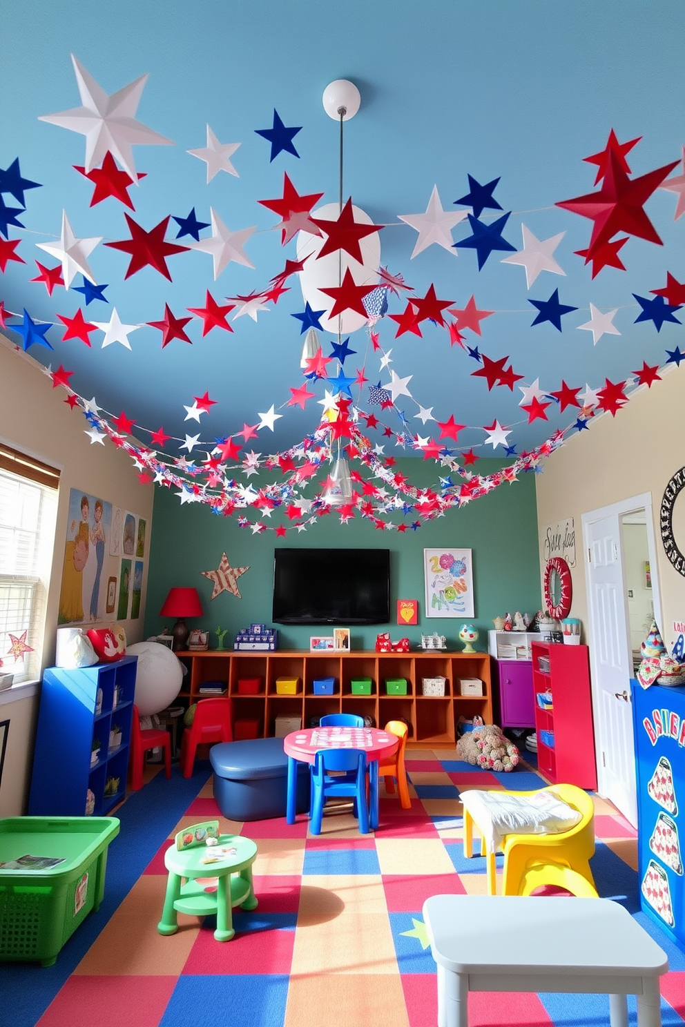 A vibrant playroom filled with colorful decor. The ceiling is adorned with a patriotic star garland in red white and blue, creating a festive atmosphere for Independence Day celebrations.