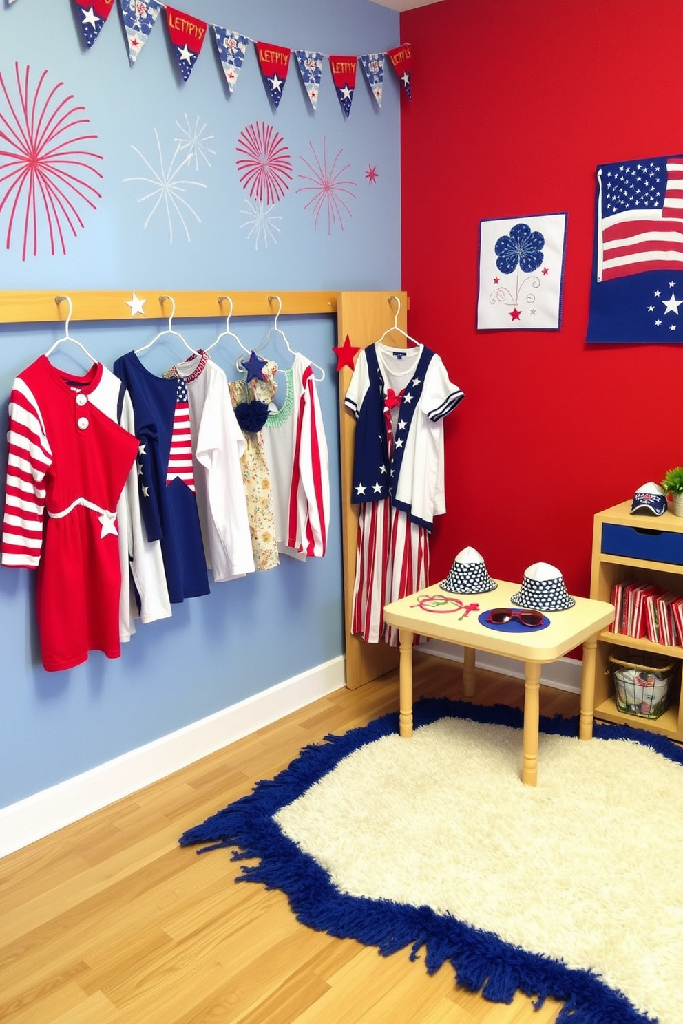 A vibrant themed dress-up corner designed for Independence Day features a red white and blue color scheme. Costumes hang neatly on a wooden rack adorned with stars and stripes while a cozy rug provides a playful space for children to explore their creativity. The walls are decorated with festive bunting and wall art depicting fireworks and the American flag. A small table is set up with patriotic accessories like hats and sunglasses for kids to mix and match as they enjoy imaginative play.