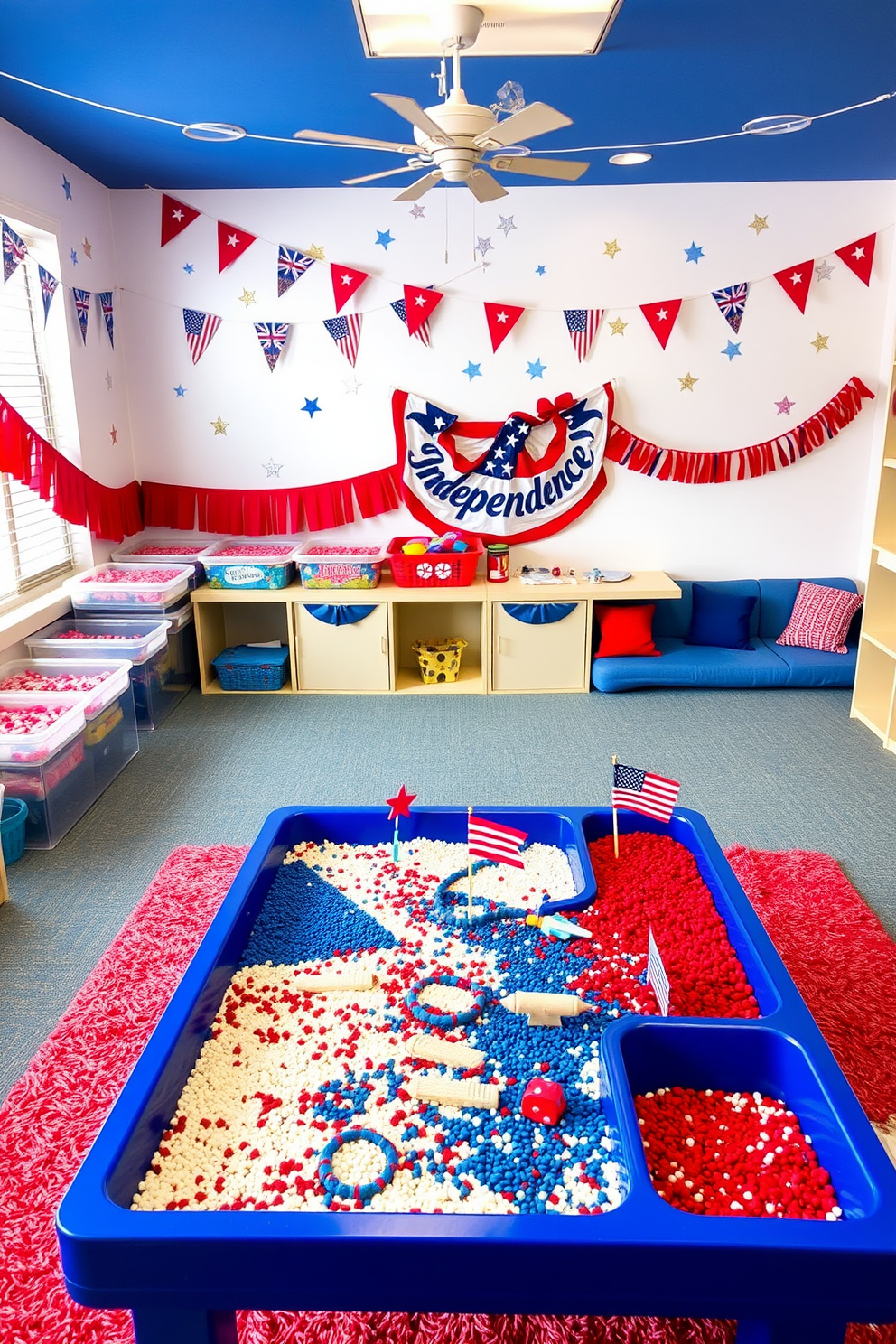 Create a vibrant playroom setting inspired by Independence Day. The room is filled with sensory bins featuring red white and blue materials like sand rice and water beads. Decorate the walls with festive bunting and stars while incorporating plush seating in patriotic colors. A large table is set up for sensory play with themed toys like mini flags and fireworks.