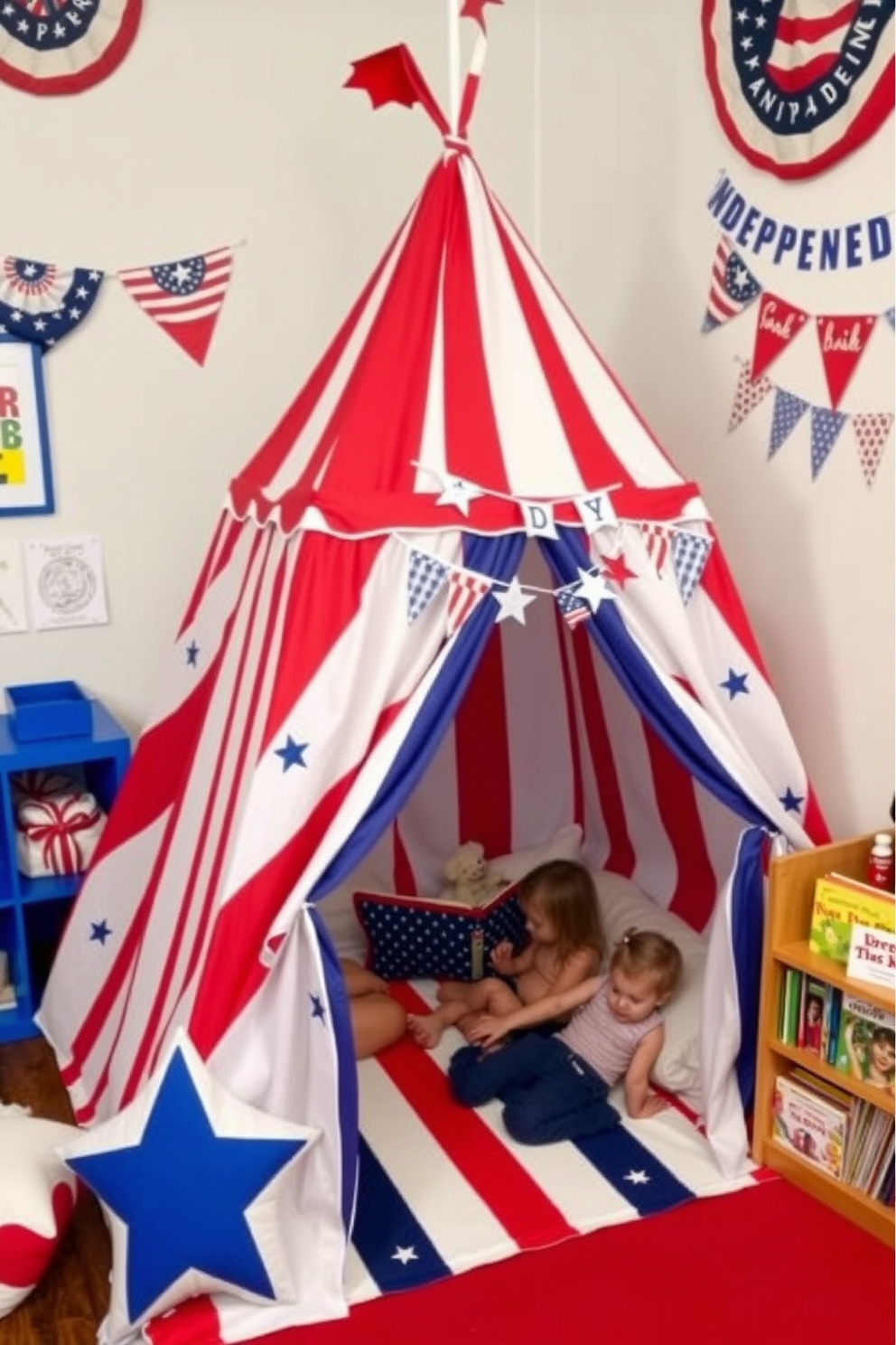 A charming play tent designed for imaginative play, featuring red white and blue stripes and star patterns. The tent is spacious enough for multiple children to enjoy and is adorned with festive Independence Day decorations. The playroom is filled with vibrant colors and themed decor, including cushions shaped like stars and banners displaying patriotic messages. A cozy reading nook is set up with a small bookshelf stocked with books about American history and fun activities related to Independence Day.