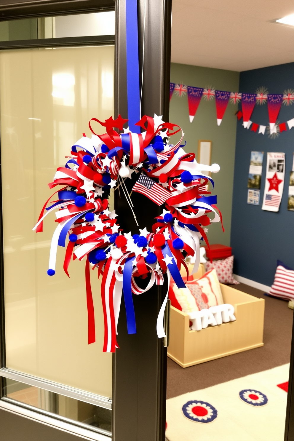 A vibrant decorative wreath hangs on the playroom door, adorned with red white and blue ribbons and miniature stars. The wreath is filled with an assortment of festive elements such as small flags and colorful pom poms, creating a cheerful welcome for Independence Day. Inside the playroom, playful decorations celebrate the spirit of the holiday with themed bunting and colorful cushions. The walls are adorned with artwork featuring fireworks and patriotic symbols, adding a festive touch to the space.