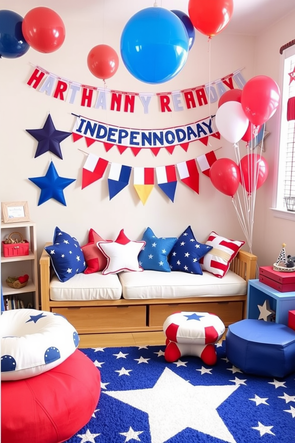 Create a vibrant playroom setting designed for Independence Day celebrations. The room features a cozy seating area adorned with star-shaped cushions in red white and blue hues. Colorful wall decorations include festive banners and balloons celebrating the holiday. A playful rug with a star pattern anchors the space providing a fun atmosphere for children to enjoy.