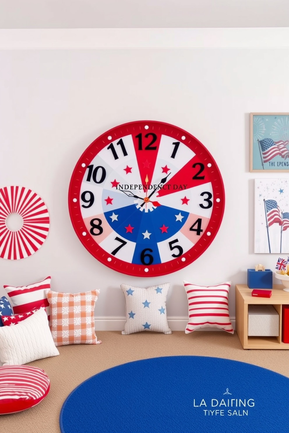 A wall clock designed for Independence Day features a circular shape with a patriotic color scheme of red white and blue. The clock face showcases stars and stripes with bold numerals and decorative elements that celebrate the holiday. For a playroom decorated in an Independence Day theme the space is filled with red white and blue accents including cushions and rugs. Wall art displays festive imagery such as fireworks and flags creating a joyful atmosphere for children to enjoy.