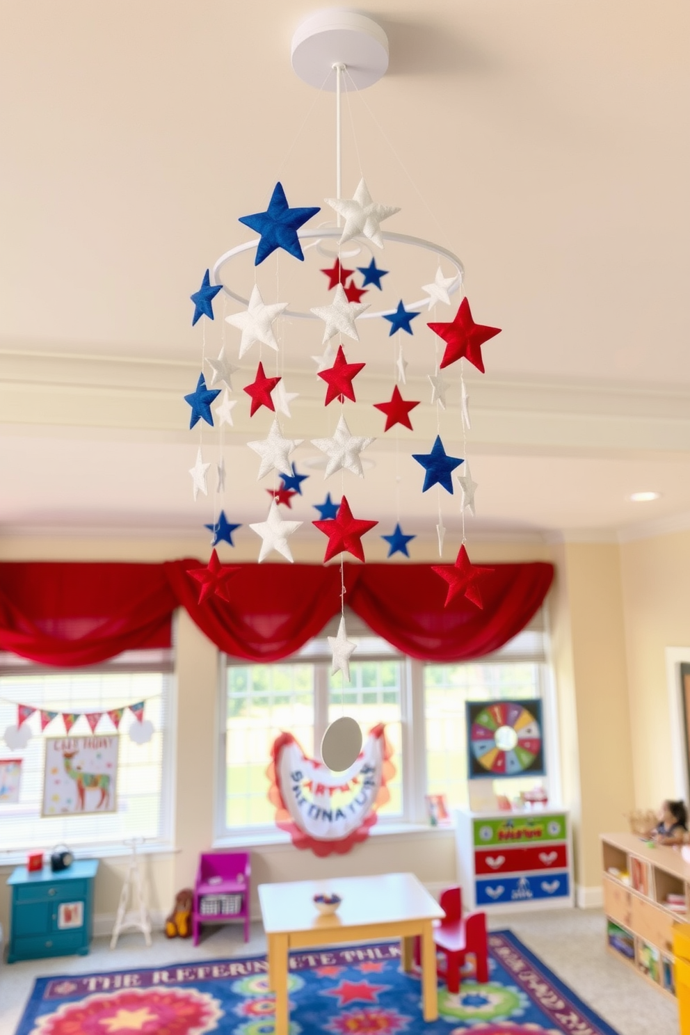 A festive mobile hangs from the ceiling, adorned with red white and blue stars and stripes. Below it, a vibrant playroom features colorful rugs and playful furniture, creating an inviting space for children to enjoy Independence Day celebrations.