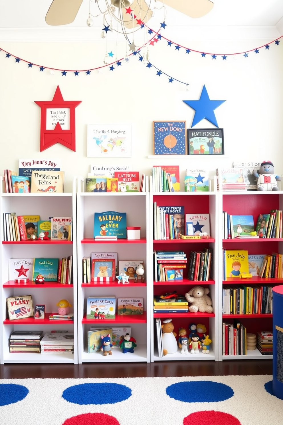 A vibrant playroom designed for Independence Day with bookshelves painted in red white and blue. The shelves are filled with an assortment of patriotic themed books and colorful toys, creating a festive and cheerful atmosphere.