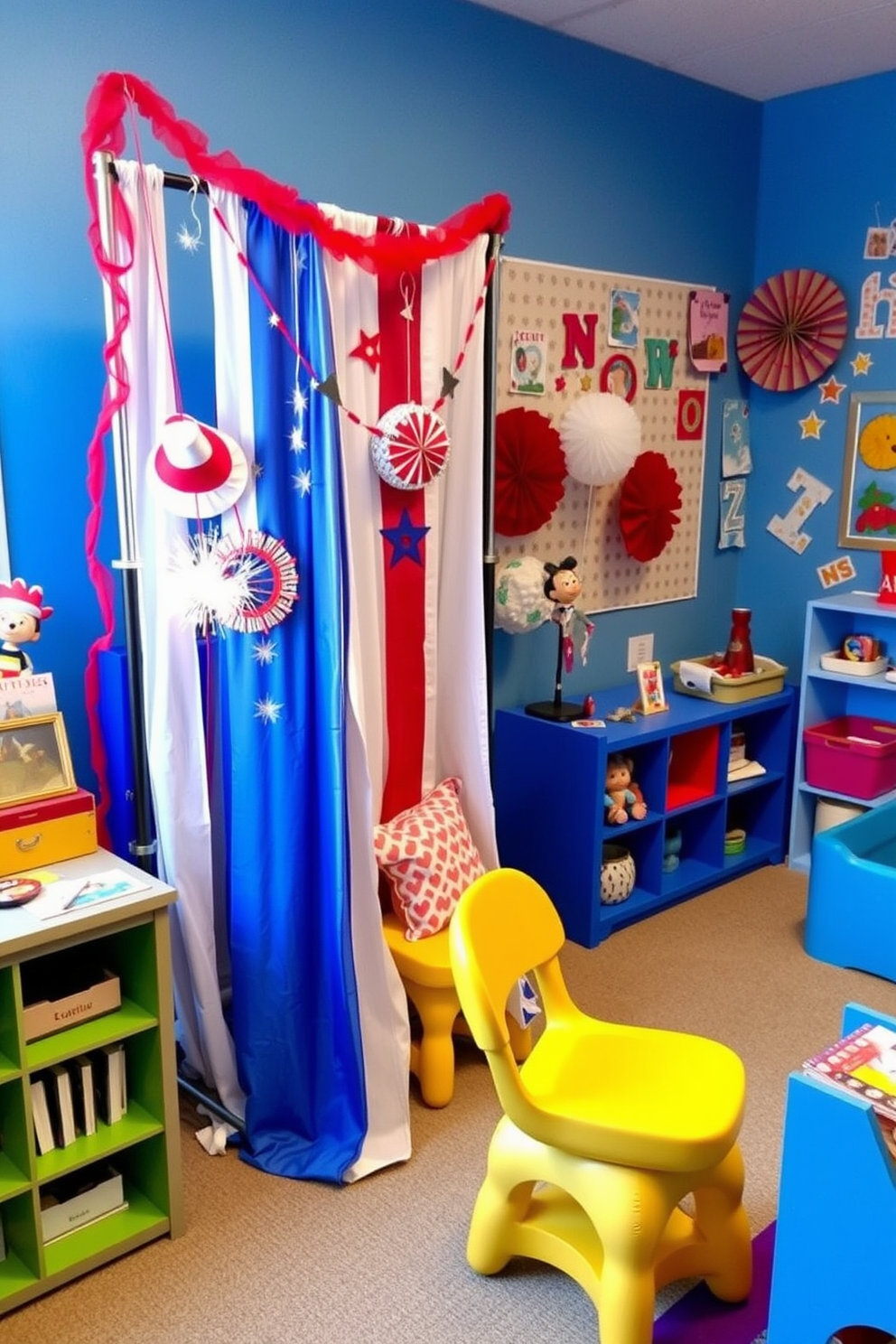 A cozy book corner designed for Fourth of July celebrations features a comfortable reading chair upholstered in red and white stripes. A small wooden bookshelf is filled with patriotic-themed books and decorative items like stars and stripes cushions. The playroom is adorned with festive decorations including red, white, and blue balloons and a banner that reads Happy Independence Day. A soft area rug in the shape of a star provides a playful space for children to sit and enjoy their books.