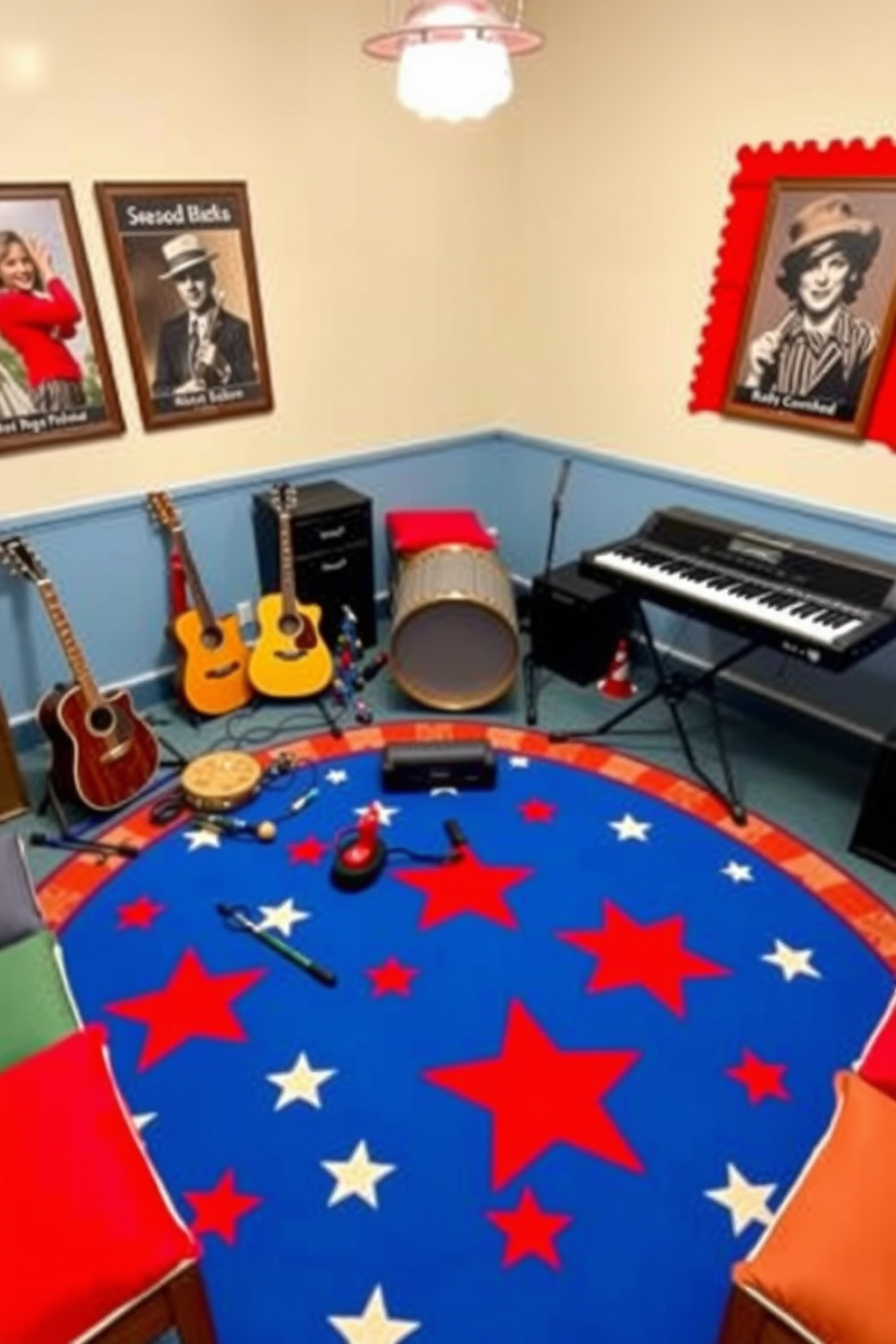 A vibrant playroom filled with red white and blue balloons in celebration of Independence Day. The walls are adorned with playful star and stripe patterns, creating a festive atmosphere for children to enjoy.