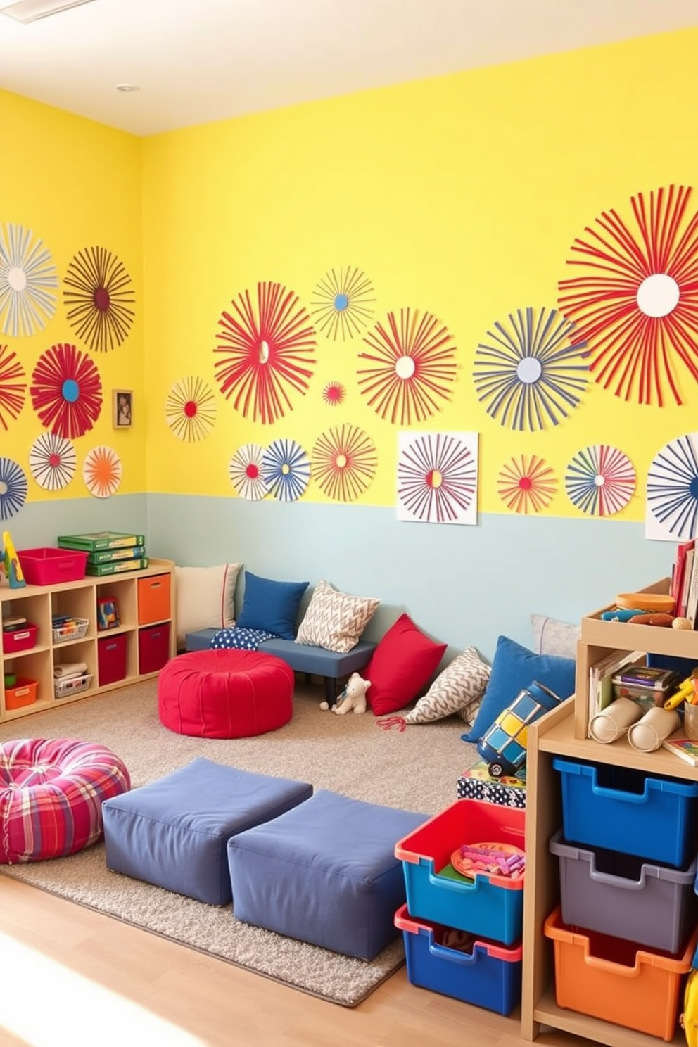 A vibrant playroom filled with creativity and fun. The walls are adorned with colorful DIY fireworks art displays, celebrating Independence Day with bursts of red, white, and blue. Soft, plush seating arrangements are scattered throughout the room, inviting children to relax and play. Brightly colored storage bins are neatly organized, making it easy to keep toys and art supplies accessible.