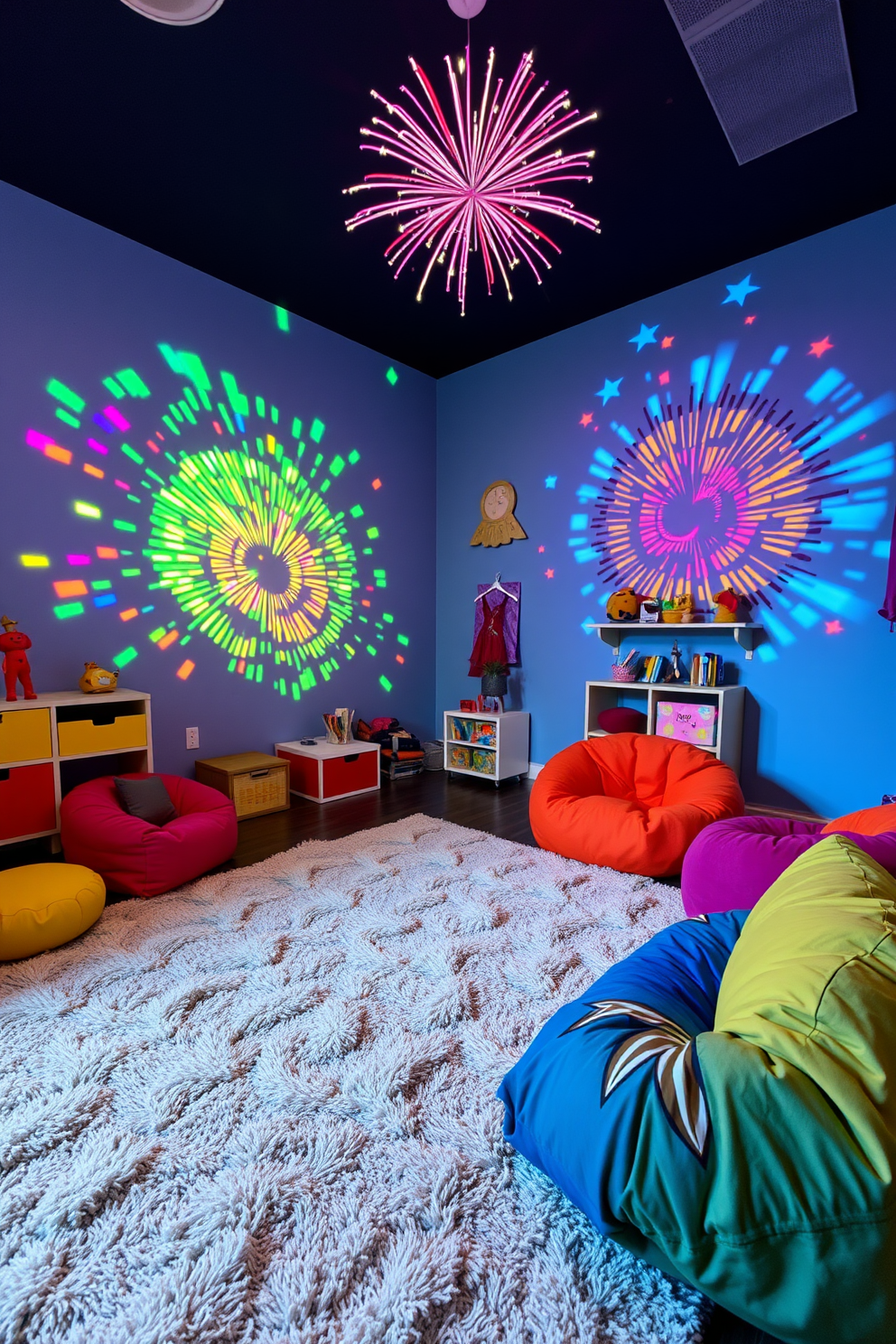 A playful playroom adorned with vibrant colors and whimsical decor. The space features a firework light projector casting colorful patterns on the walls, creating a festive atmosphere for Independence Day celebrations. Soft, plush rugs cover the floor, providing a comfortable area for children to play. Brightly colored bean bags and oversized cushions invite relaxation and creativity in this cheerful setting.