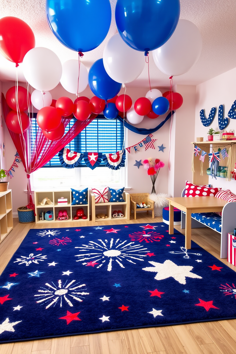 A vibrant Independence Day themed activity rug featuring a star-spangled design with red white and blue colors. The rug is adorned with playful elements like fireworks and American flags creating an engaging space for children to play and celebrate. A festive playroom decorated for Independence Day with red white and blue balloons hanging from the ceiling. The walls are adorned with star and stripe patterns while a cozy reading nook features themed cushions and a small table for arts and crafts.