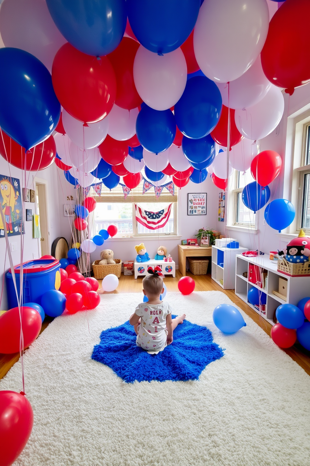 A vibrant playroom decorated for Independence Day features bunting and garland in red white and blue colors. The walls are adorned with stars and stripes while a cozy reading nook is set up in one corner with cushions and a small bookshelf.