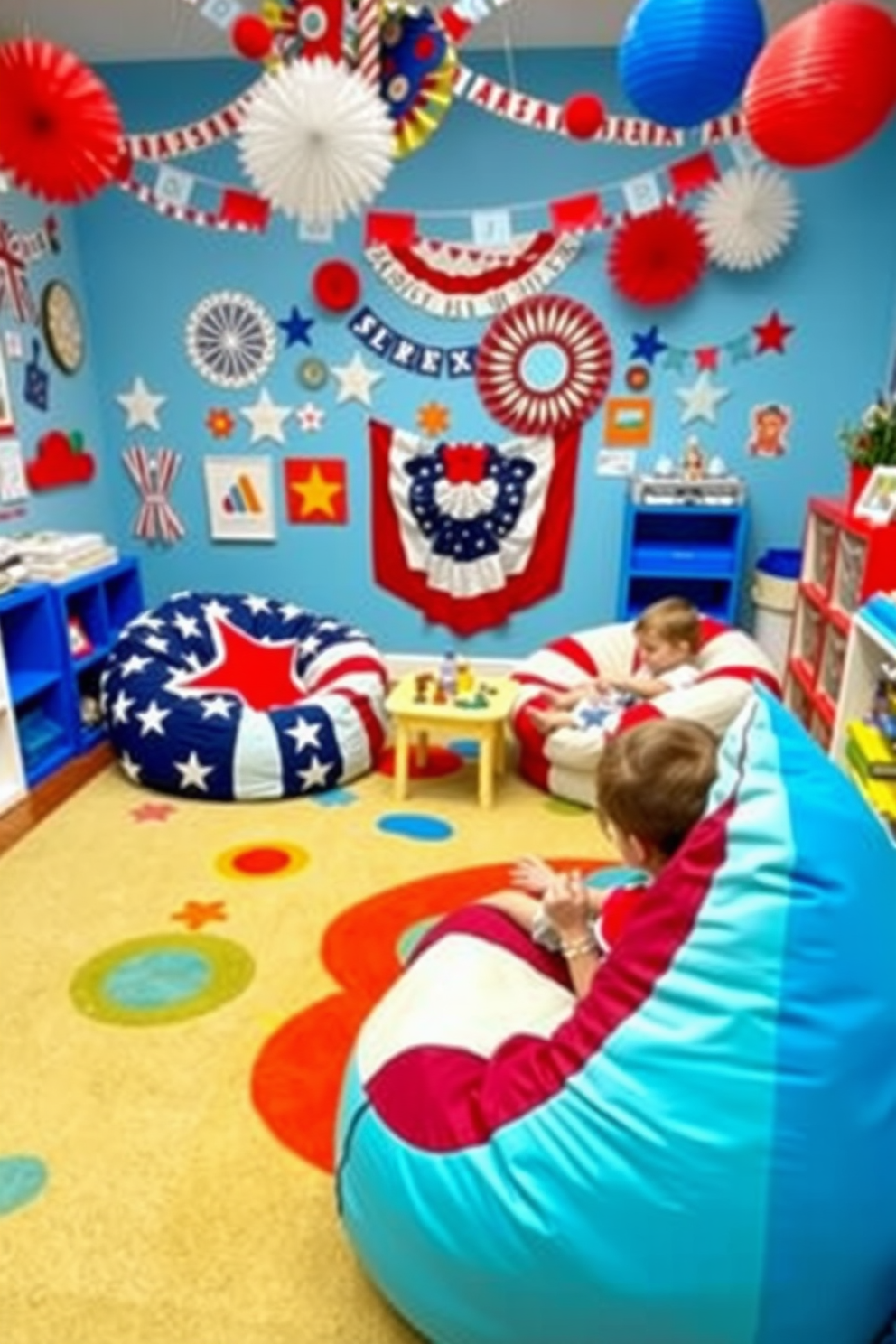 A vibrant playroom filled with excitement and creativity. The focal point is a pair of stars and stripes bean bag chairs that invite children to relax and enjoy their space. The walls are adorned with playful red, white, and blue decorations to celebrate Independence Day. A colorful rug covers the floor, and a small table is set up for arts and crafts, enhancing the festive atmosphere.