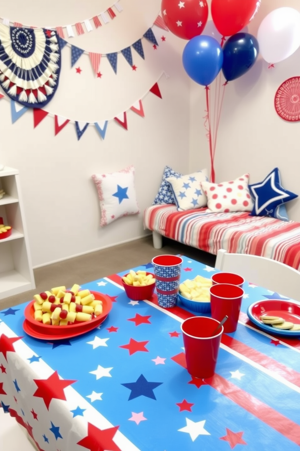 A festive table setting for playroom snacks features a vibrant red and blue tablecloth adorned with stars and stripes. On the table, colorful plates and cups are filled with an assortment of snacks, including fruit skewers and mini sandwiches, creating a cheerful atmosphere. For Independence Day playroom decorating ideas, the walls are decorated with playful bunting and balloons in red, white, and blue. A cozy corner is set up with patriotic-themed cushions and blankets, inviting children to relax and enjoy the festivities.