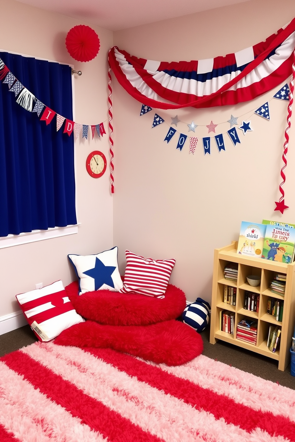 A vibrant playroom corner decorated for the Fourth of July features a cozy reading nook with a plush red and white striped rug. Colorful cushions in star and stripe patterns are scattered around, creating an inviting space for children to relax and enjoy festive stories. The walls are adorned with playful banners and garlands in red, white, and blue, celebrating Independence Day. A small bookshelf filled with patriotic-themed books sits nearby, encouraging a love of reading while embracing the holiday spirit.