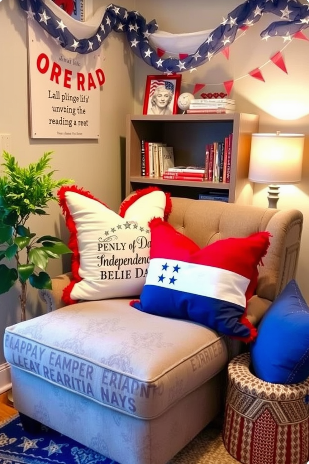 A cozy reading nook adorned with red white and blue throw pillows celebrating Independence Day. The nook features a plush armchair positioned next to a small bookshelf filled with patriotic-themed books and decor.