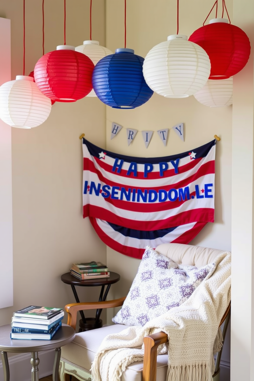 A cozy reading nook adorned with hanging paper lanterns in red, white, and blue to celebrate Independence Day. The nook features a comfortable armchair, a small side table with a stack of books, and a soft throw blanket draped over the chair.