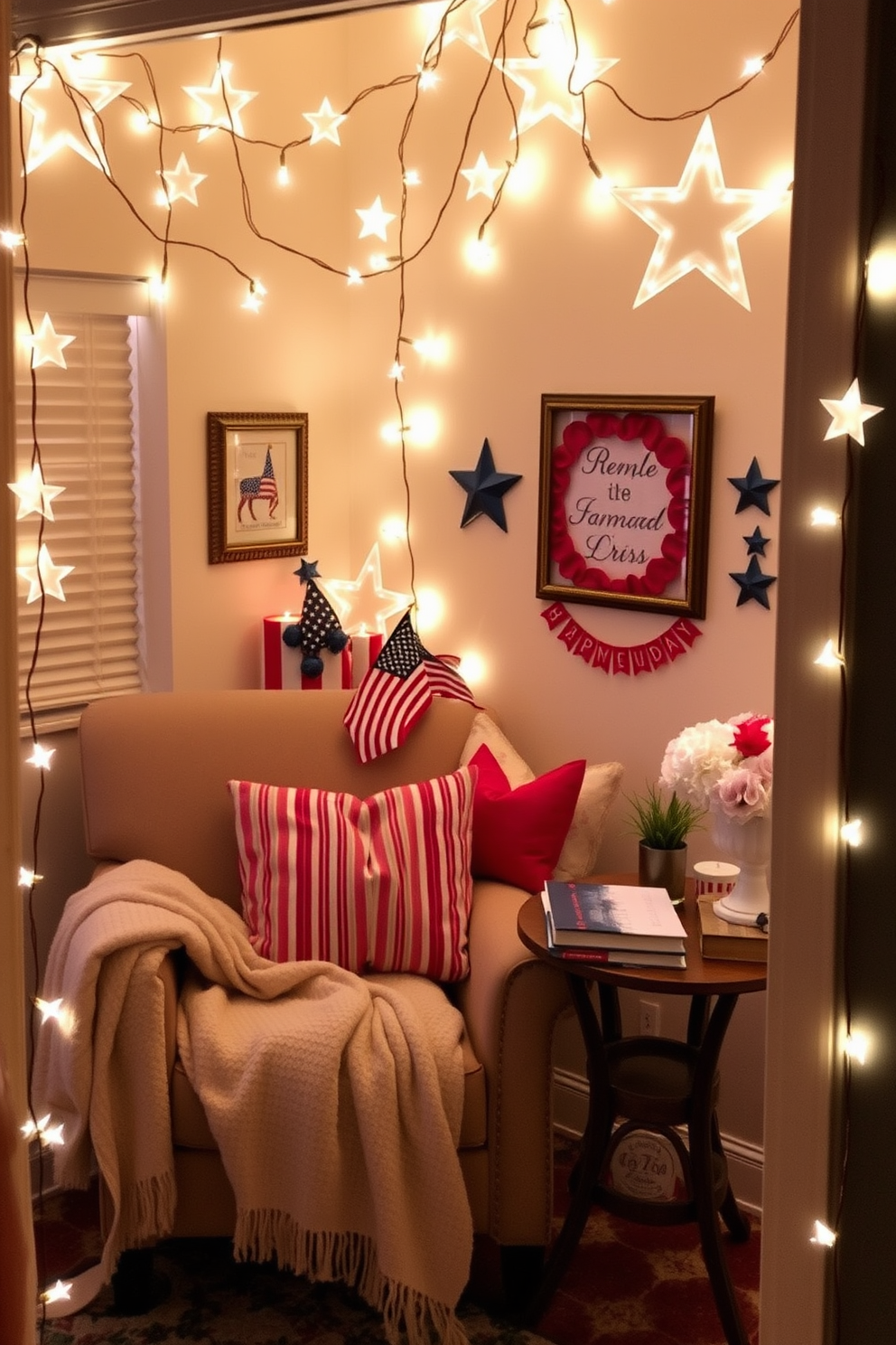 A cozy reading nook adorned with star shaped fairy lights creating a warm ambiance. The nook features a comfortable armchair with a soft throw blanket and a small side table holding a stack of books. Independence Day decorations bring a festive spirit to the space. Red, white, and blue accents are incorporated through cushions, a small flag centerpiece, and themed wall art.